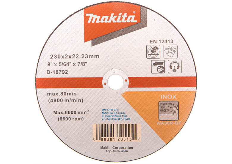 Doorslijpschijf INOX 230x2 mm WA36R (vlak) Makita D-18792