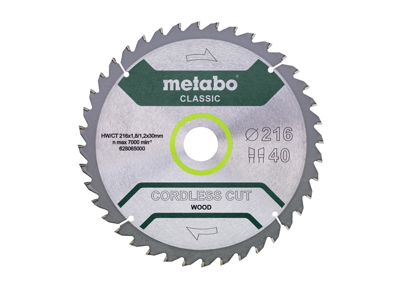 Zaagblad "cordless cut wood - classic", 216x30 Z40 WZ 5°  Metabo 628065000