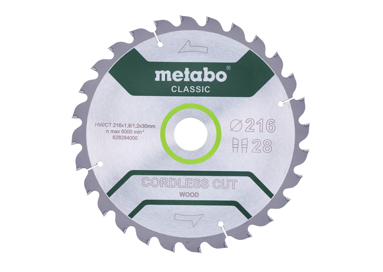 Zaagblad "cordless cut wood - classic", 216x30 Z28 WZ 5°  Metabo 628284000