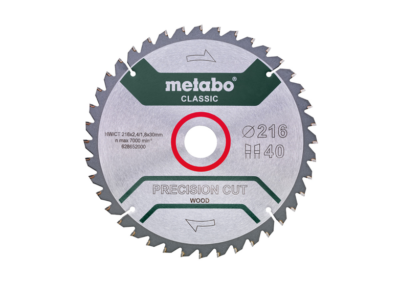 Zaagblad "precision cut wood - classic", 216x30 Z40 WZ 5° neg/B Metabo 628652000