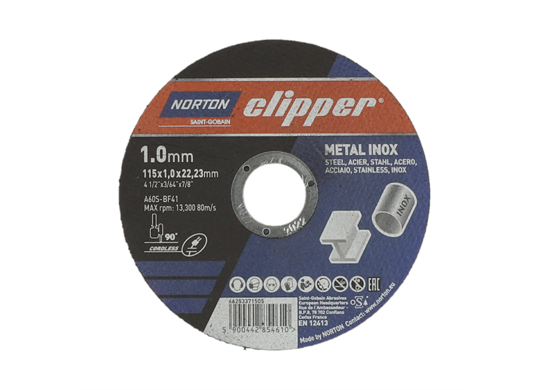 Slijpschijf voor metaal/inox 115x1,0mm Norton A60S-115x1.0x22.23-T41 NOR-Clipper