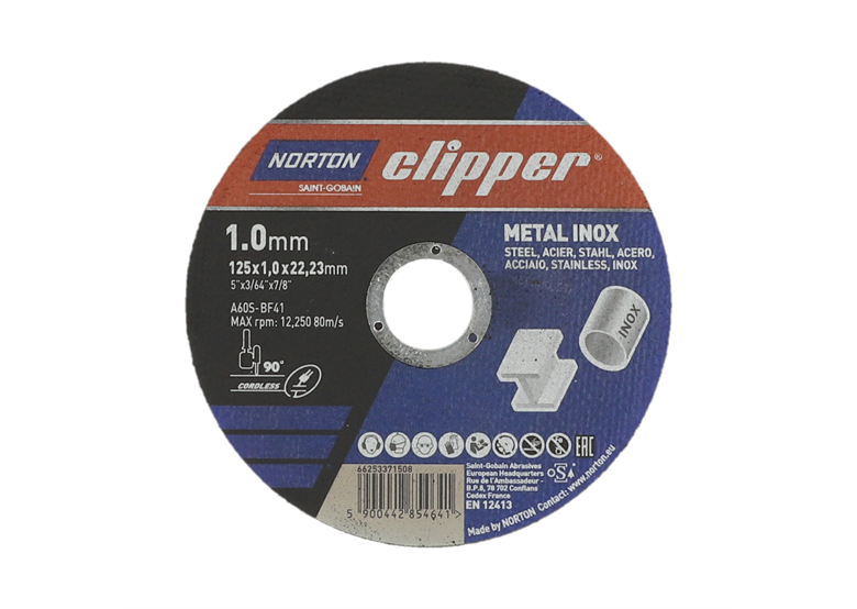 Slijpschijf voor metaal/inox 125x1,0mm Norton A60S-125x1.0x22.2-T41 NOR-Clipper